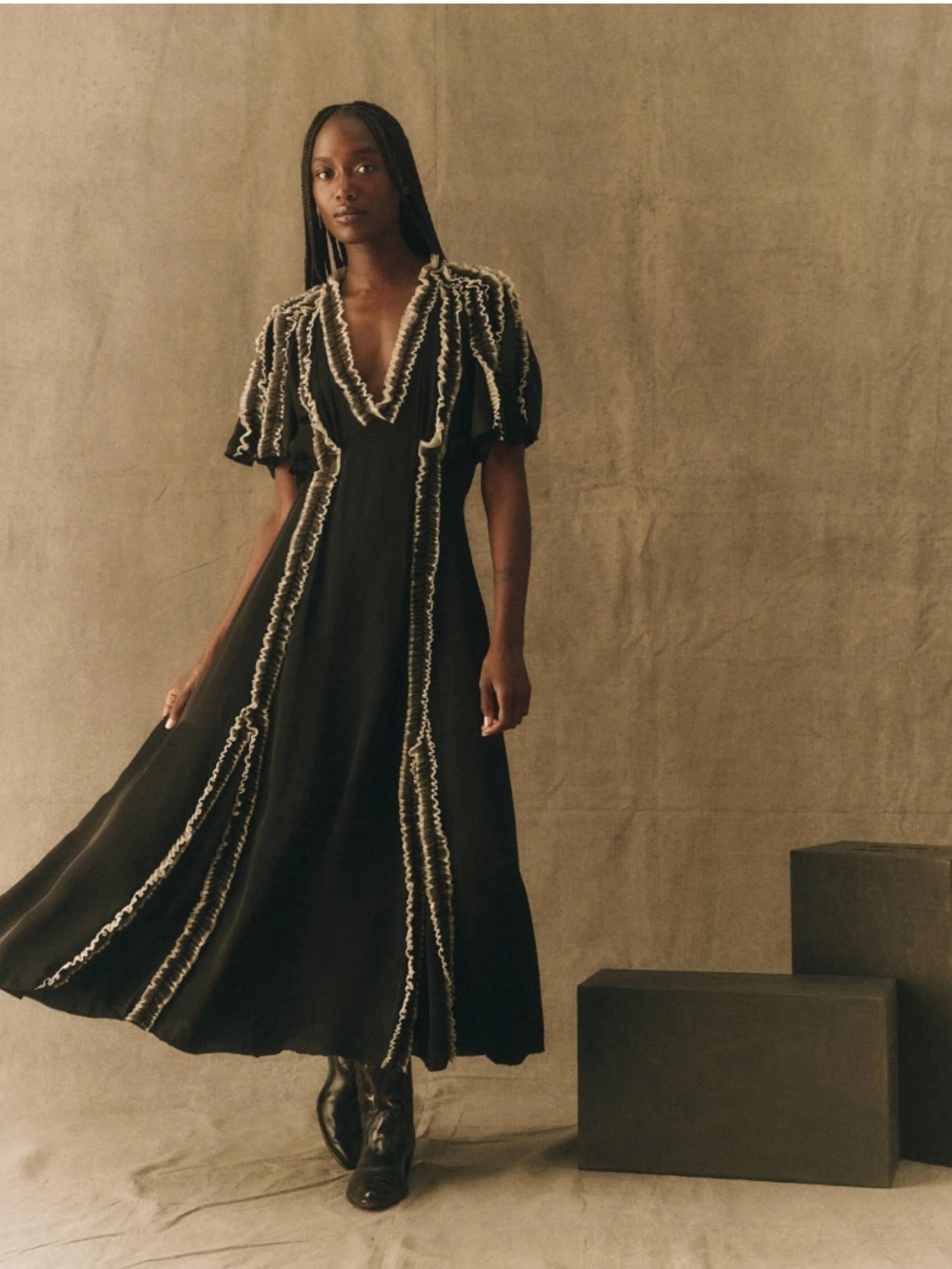 The Great. The Dancehall Ruffle Satin Midi Maxi V-Neck Flutter Sleeve Dress $575